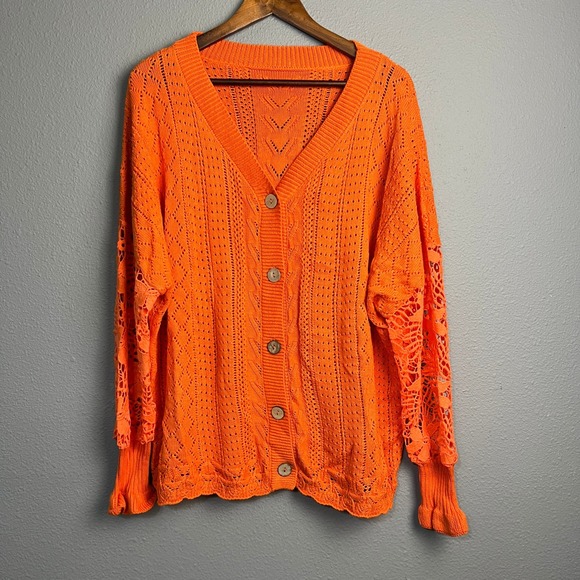 Academia Orange Open Knit Cardigan 2XL Button Front Floral Lace Sleeves Sweater - Picture 1 of 10